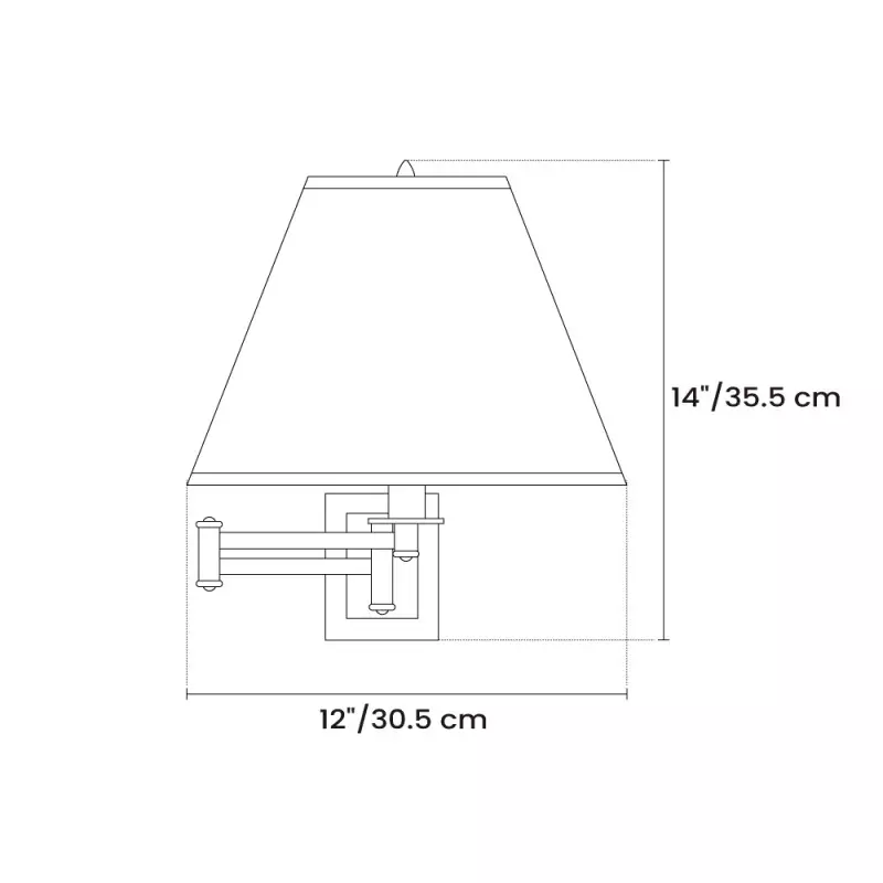 Diagramme de taille de l'applique murale à bras oscillant en lin vintage Tityos montrant une profondeur de 12 pouces et une hauteur de 14 pouces