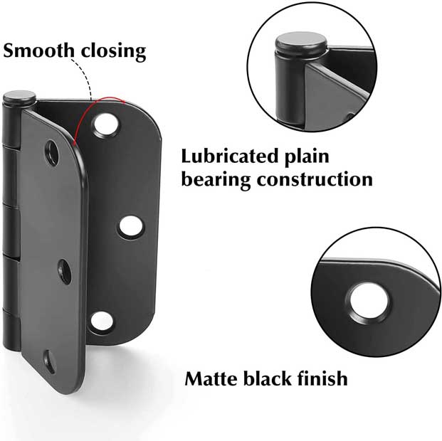 Charnières de porte noires mates de 3,5 pouces avec coin de rayon de 5/8 po