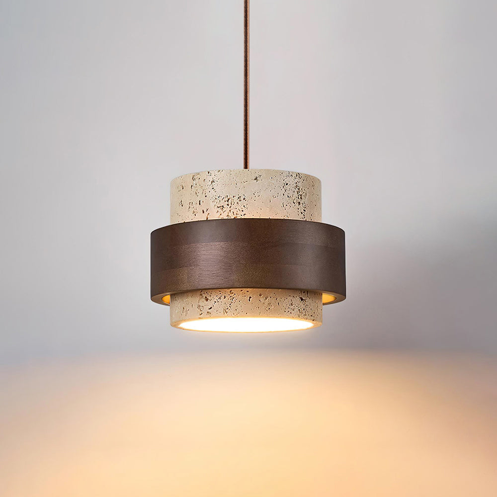 Cole Travertine Wood Pendant Lamp - Vintage Cylindrical Organic Hanging Light for Living Room