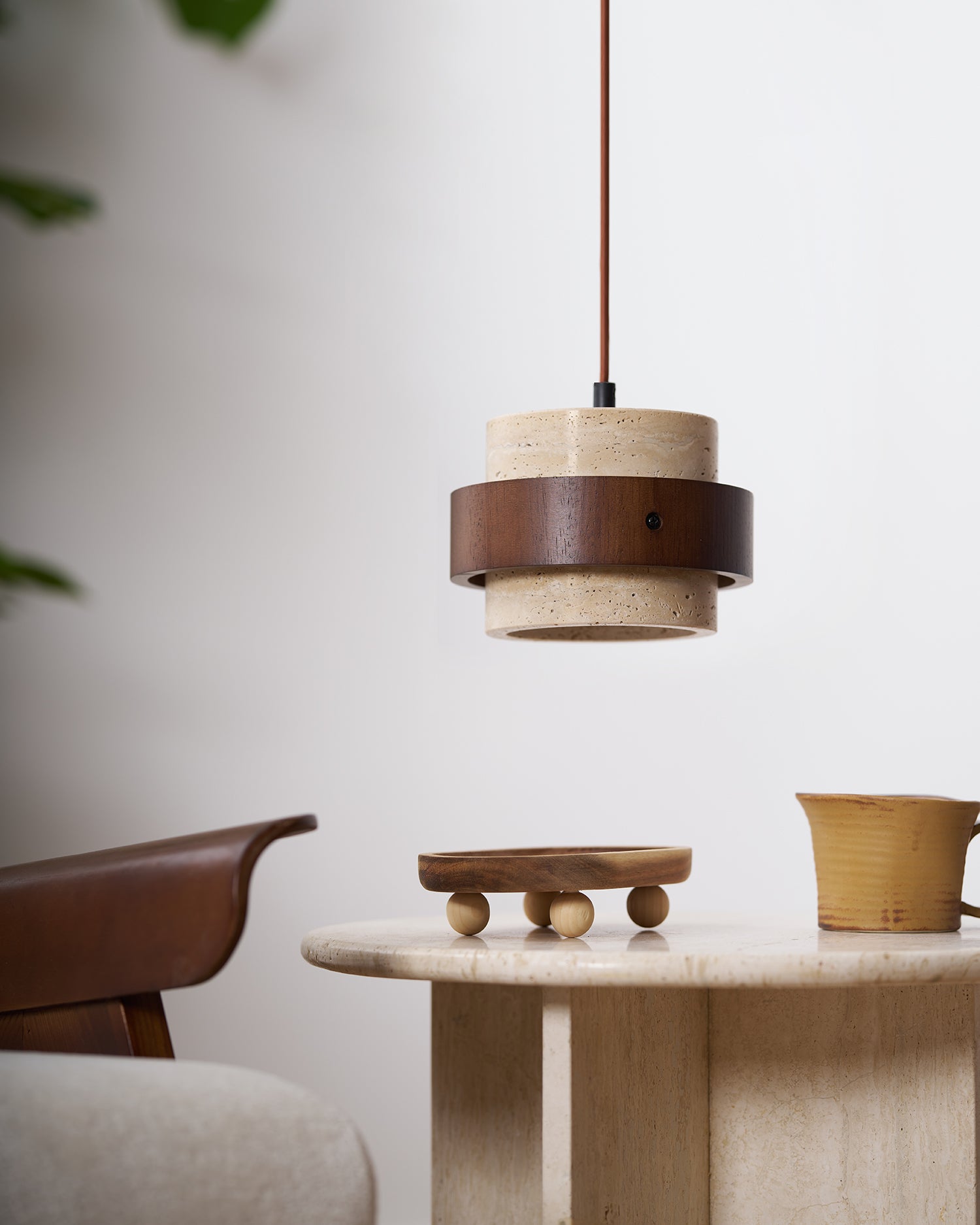 Cole Travertine Wood Pendant Lamp - Vintage Cylindrical Organic Hanging Light for Living Room