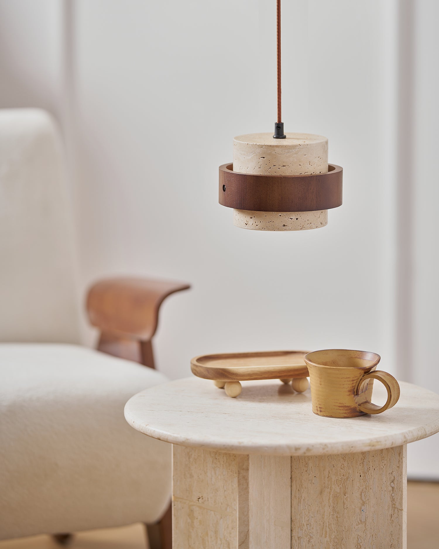 Cole Travertine Wood Pendant Lamp - Vintage Cylindrical Organic Hanging Light for Living Room