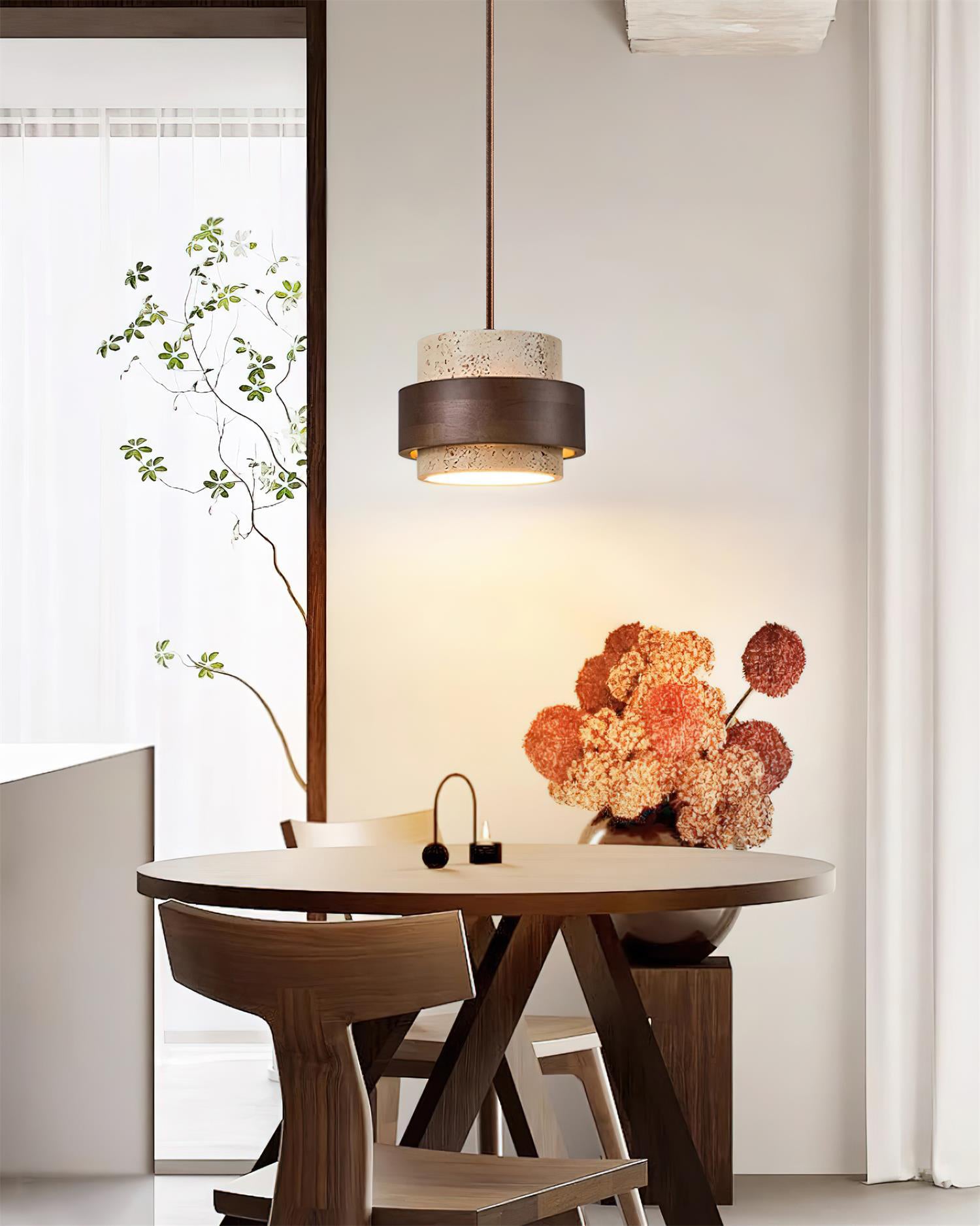Cole Travertine Wood Pendant Lamp - Vintage Cylindrical Organic Hanging Light for Living Room