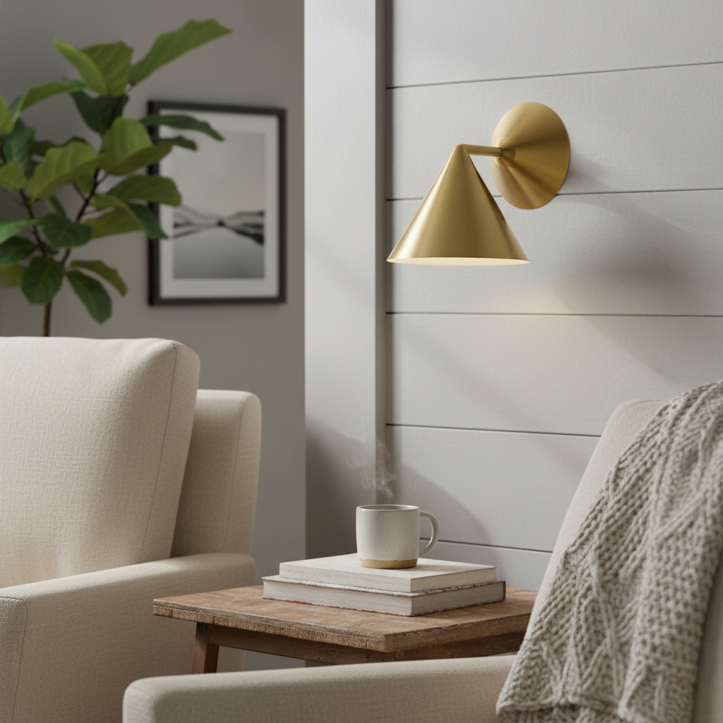 Antyczna mosiężna lampa ścienna Harold w kształcie stożka, widok z przodu