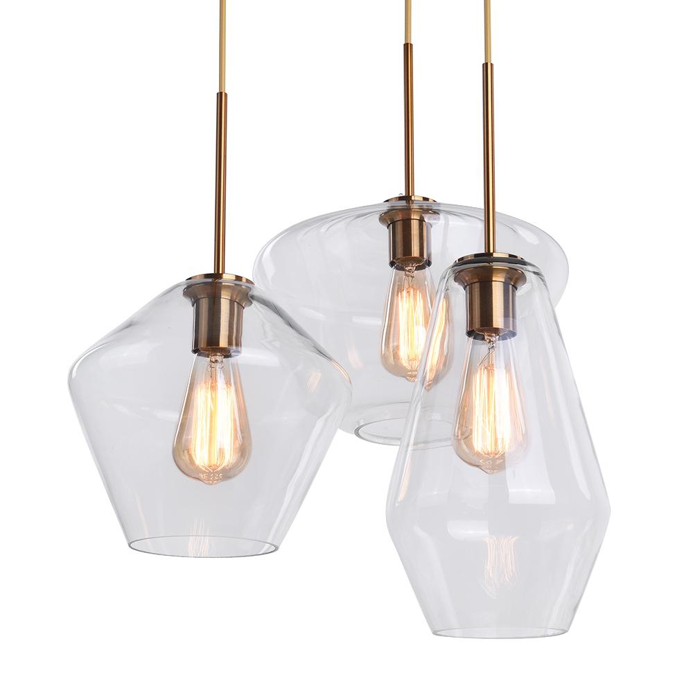 Lámpara colgante de latón con dosel redondo de 3 L de cristal transparente