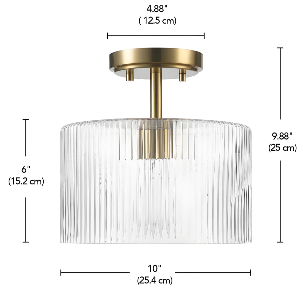 Dimensiones y especificaciones de la lámpara de techo empotrada Calliope de cristal transparente acanalado.