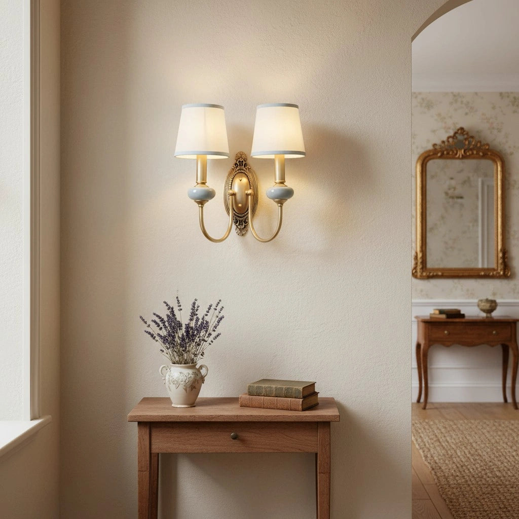 Close view of Della curved arm ceramic wall lamp