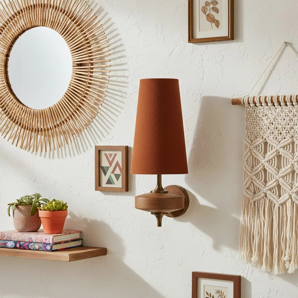 Milena wall light with fabric shade and walnut wood base