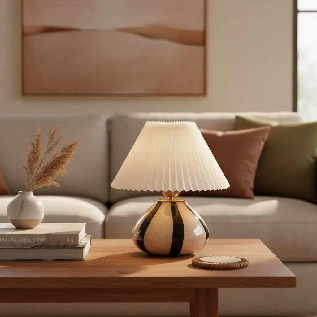 Lampada da tavolo in vetro tessuto plissettato Sylara Mid Century6.webp__PID:f1df42bc-99e4-4766-92ee-861db758ad42