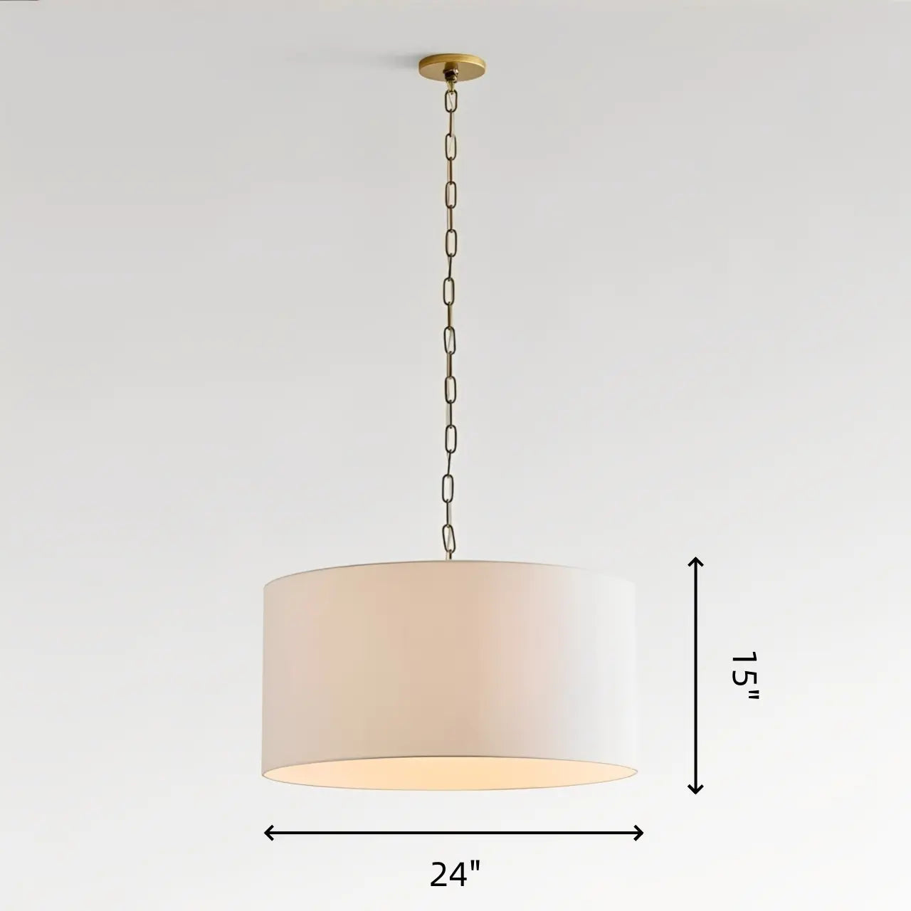 Diagramme des dimensions du pendentif Mirenna : largeur de 24 pouces et hauteur de l’abat-jour de 15 pouces