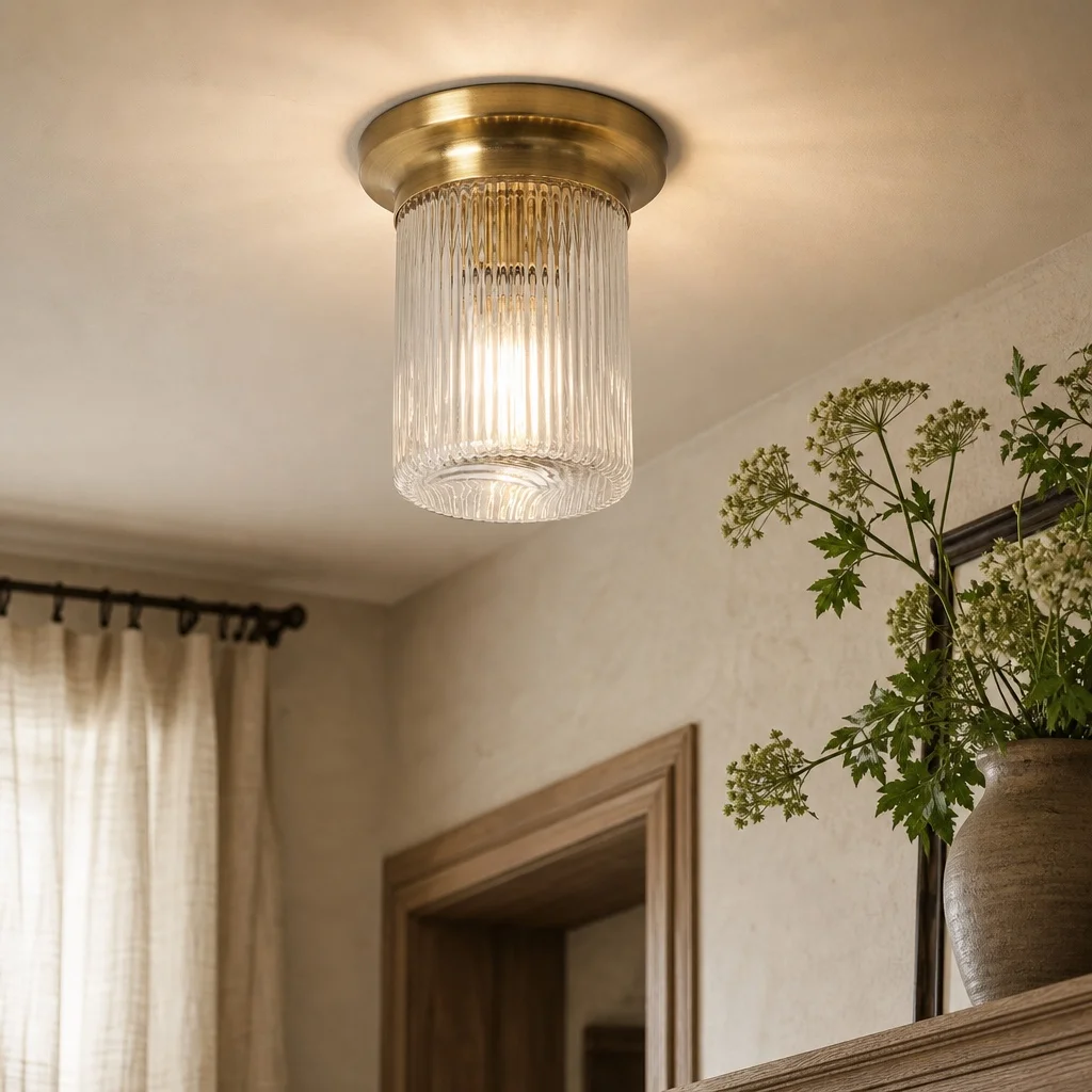 Galen Mid-Century Modern Round Ribbed Glass Ceiling Light