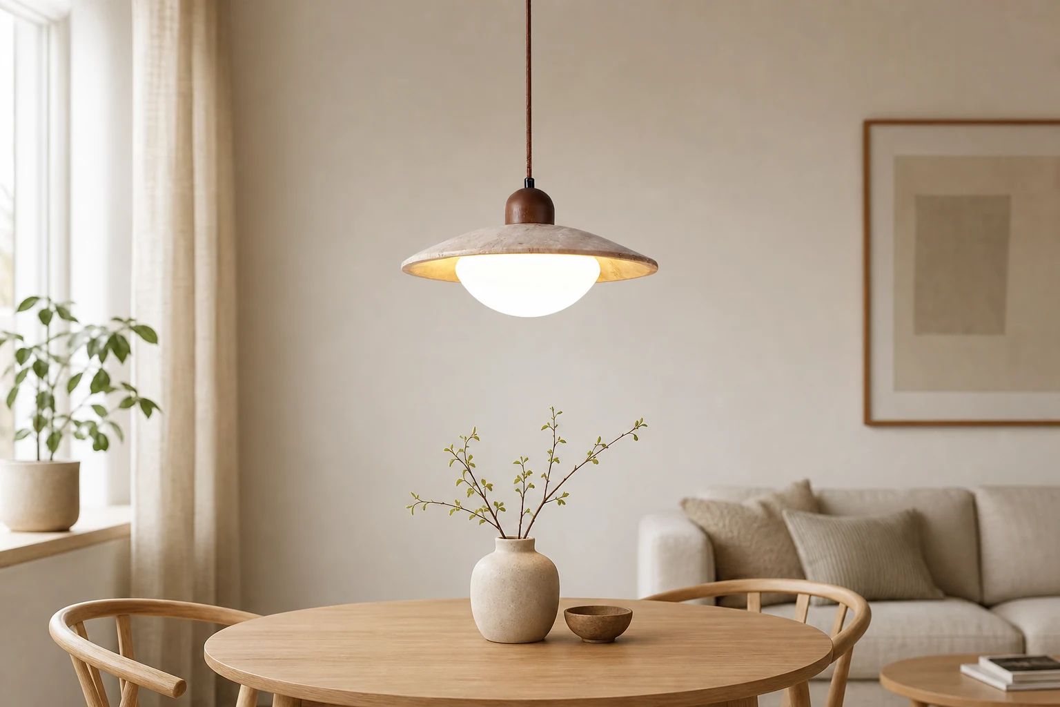Lampa wisząca z trawertynu jako ciepły akcent w salonie