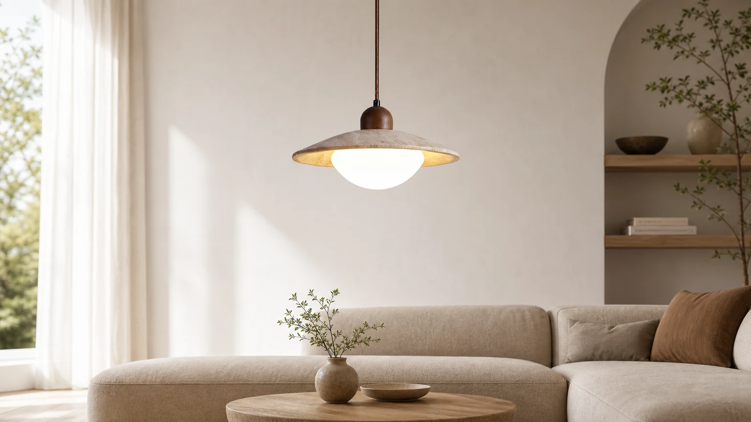 Lampa wisząca z trawertynu w kształcie pływającej płyty w ciepłym, nordyckim wnętrzu