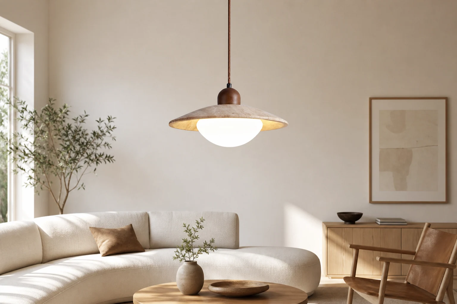 Wisząca lampa wisząca z trawertynu w kształcie pływającej płyty, stylizowana na nowoczesną