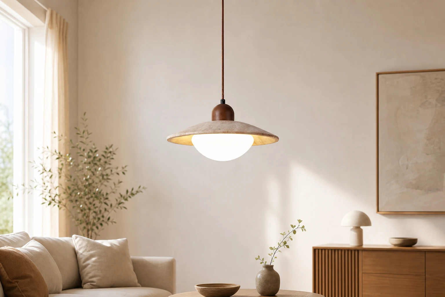 Lampa wisząca z trawertynu w nowoczesnym wnętrzu o średnim natężeniu światła