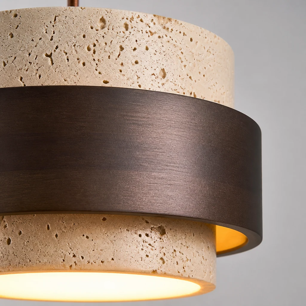 Detailaufnahme des Steinschirms und des Holzbands der Cole Travertin-Pendelleuchte.