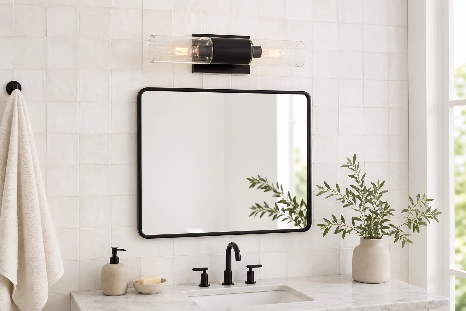 Applique murale en verre tubulaire Evren dans une scène de salle de bain
