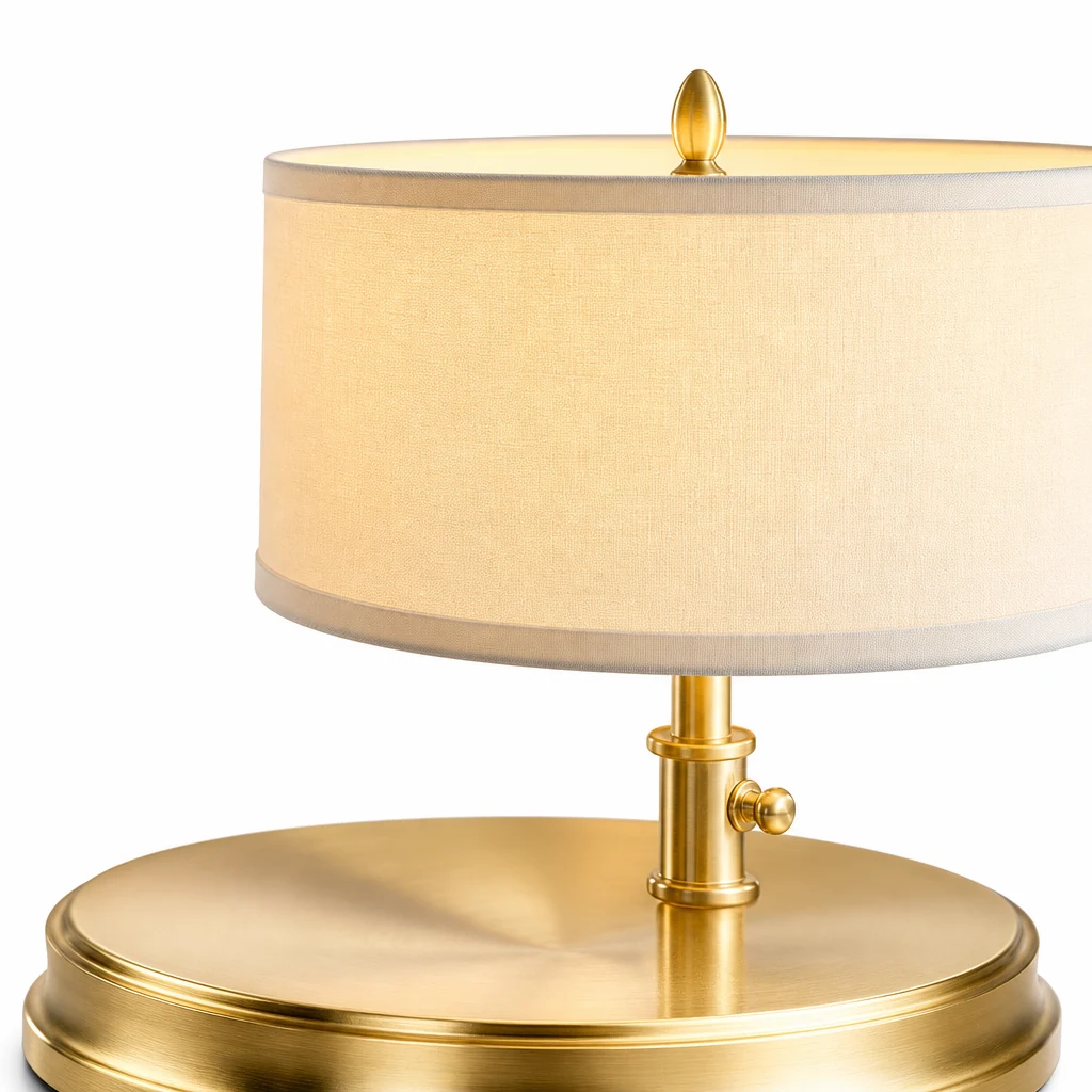 Bryant Tischleuchte – Materialdetails mit Messingfinish und Leinenschirm