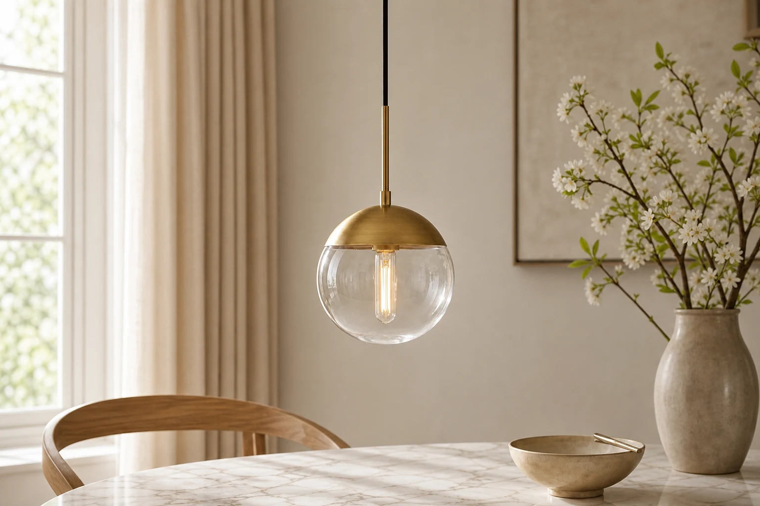 Lámpara colgante Hallie expuesta en una habitación decorada con estilo.