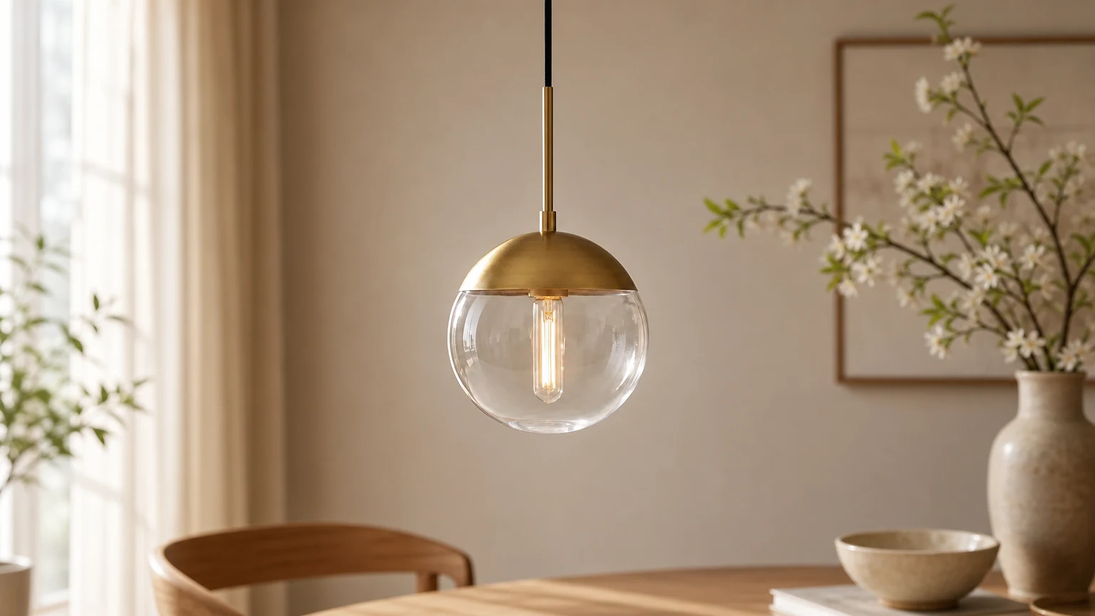 Lámpara colgante moderna Hallie de metal y cristal en un ambiente cálido de comedor.