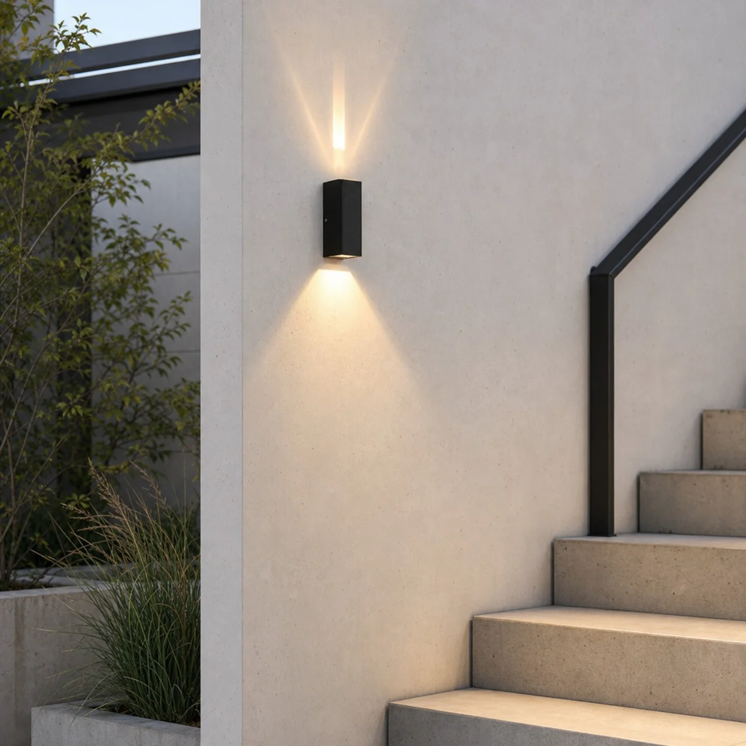 Aplique de pared exterior negro que proyecta una luz cálida junto a los escalones exteriores.