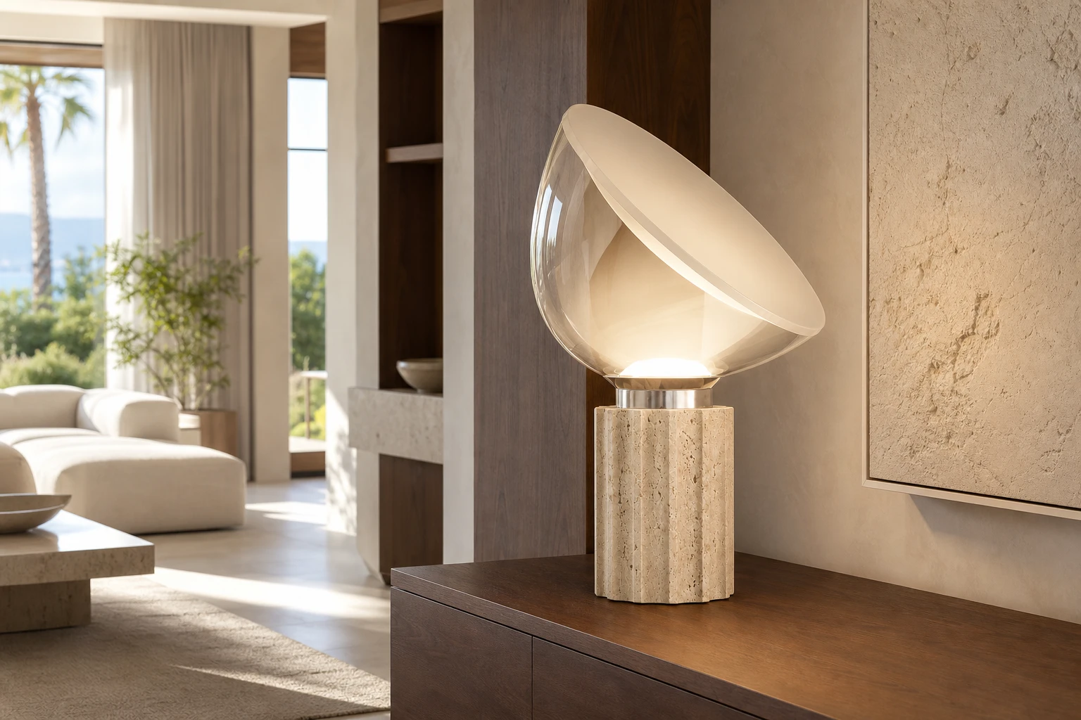 Soline travertine glass table lamp in a bright contemporary living room
