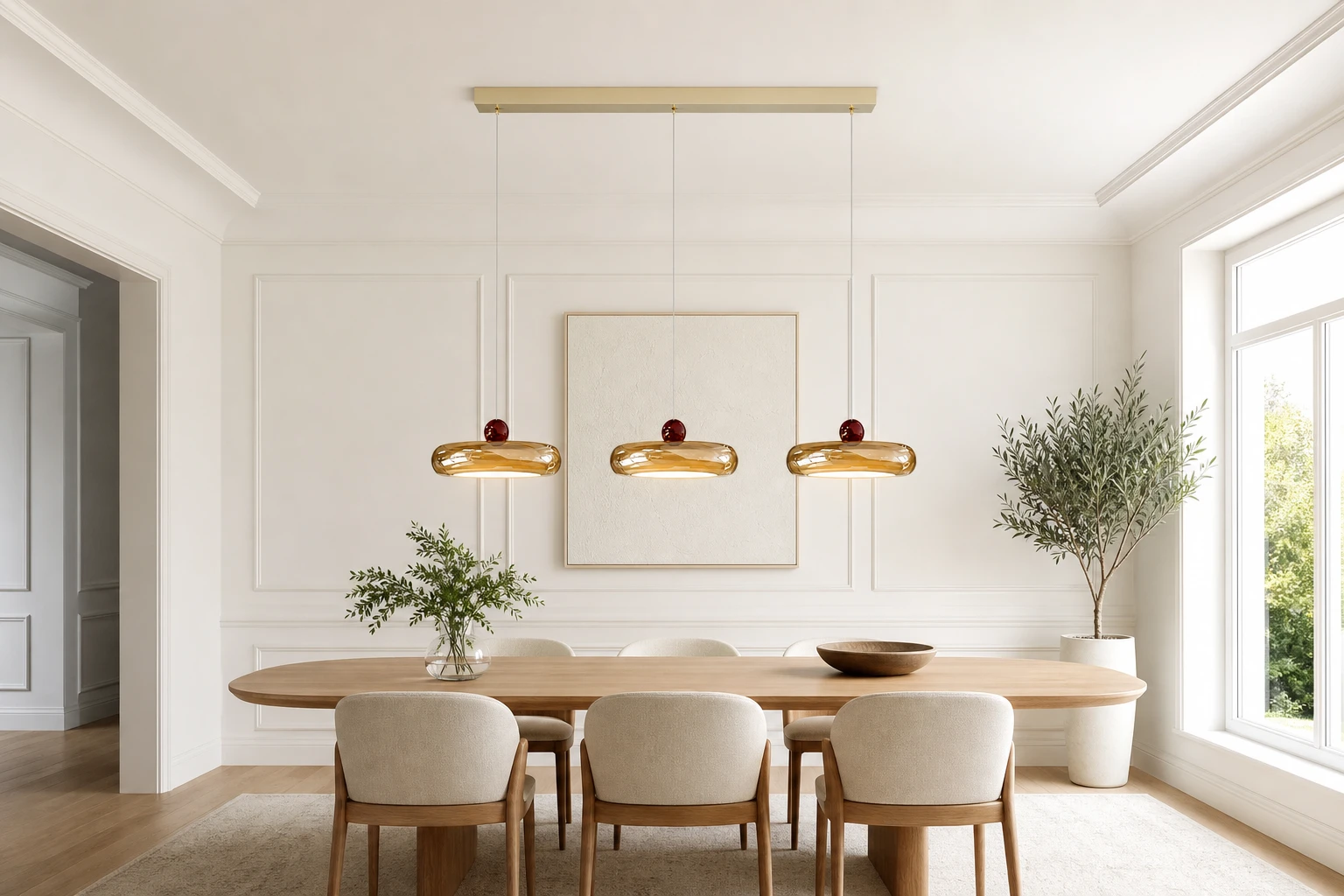 Lámpara colgante de tres brazos color crema, mostrada a escala de comedor.