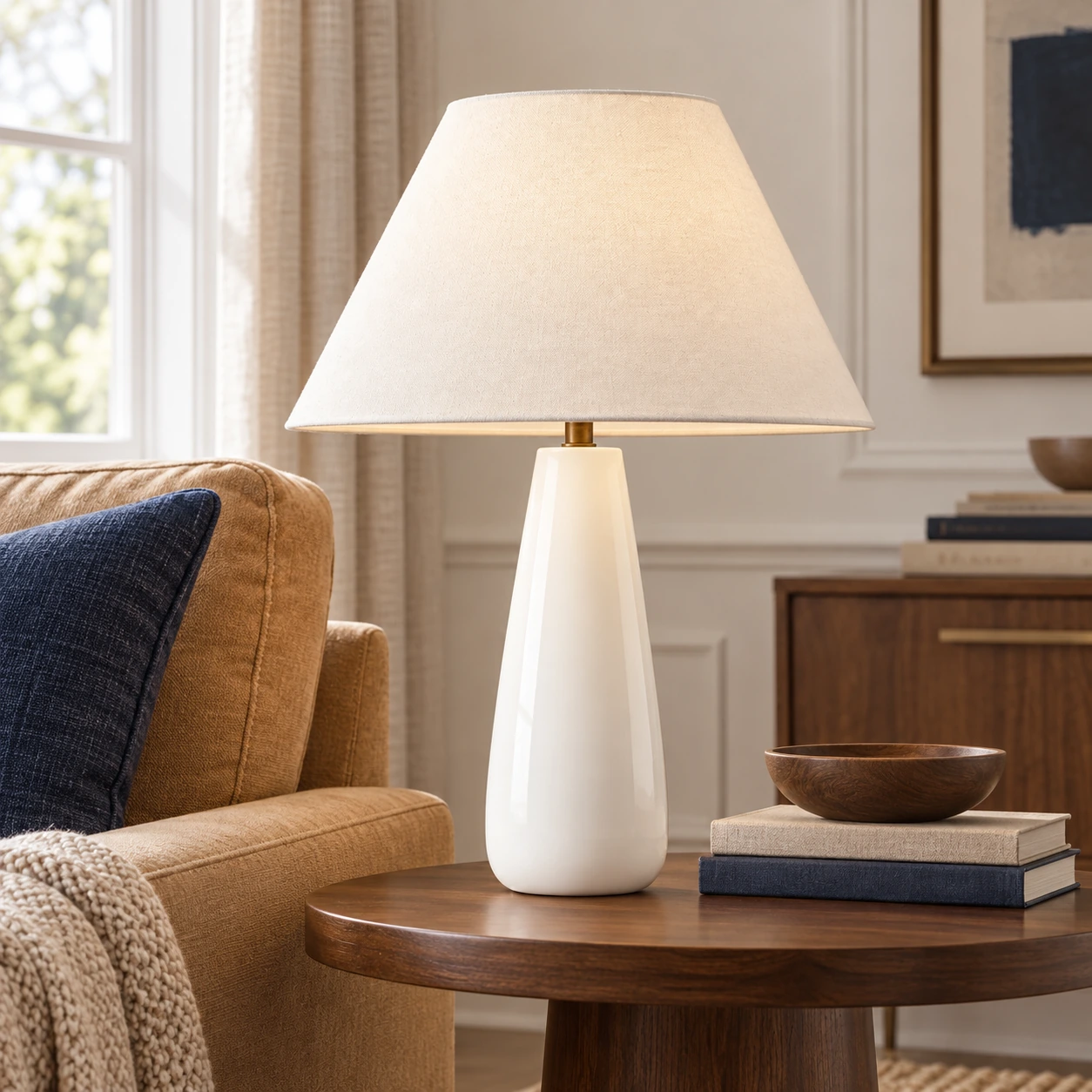 Alden glossy white ceramic-base lamp beside a camel sofa