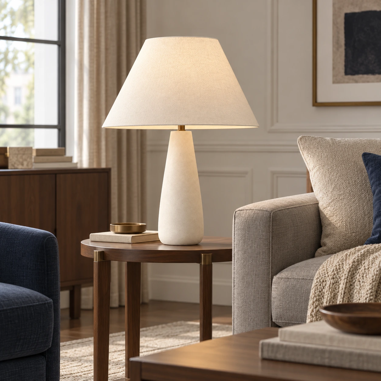 Alden pale concrete-base lamp in a living room