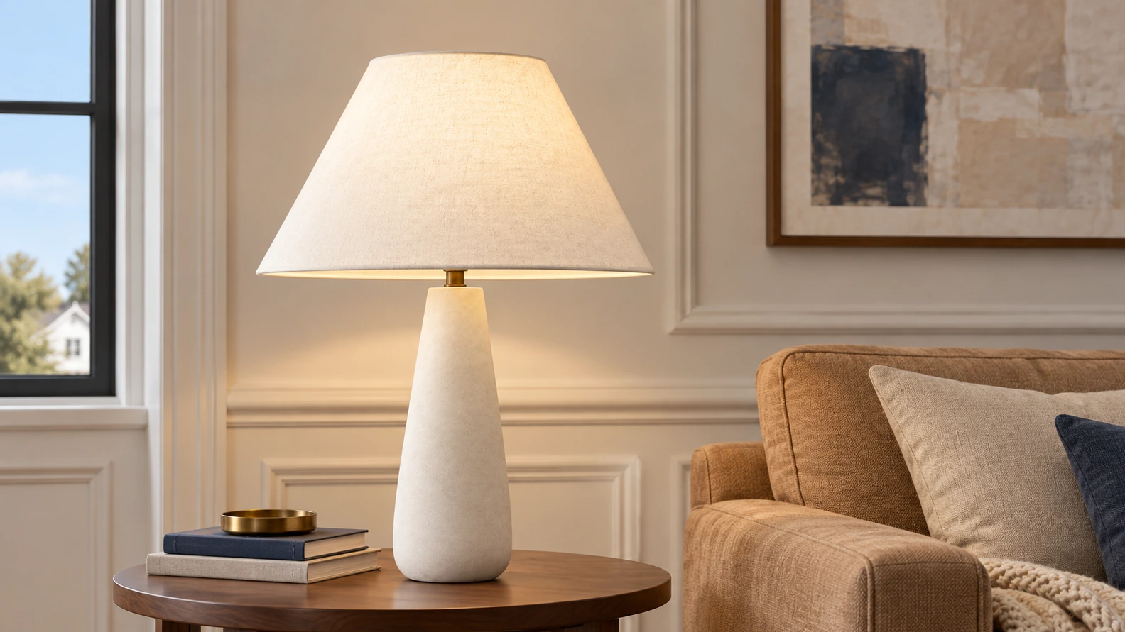 Complete Alden table lamp beside a camel sofa