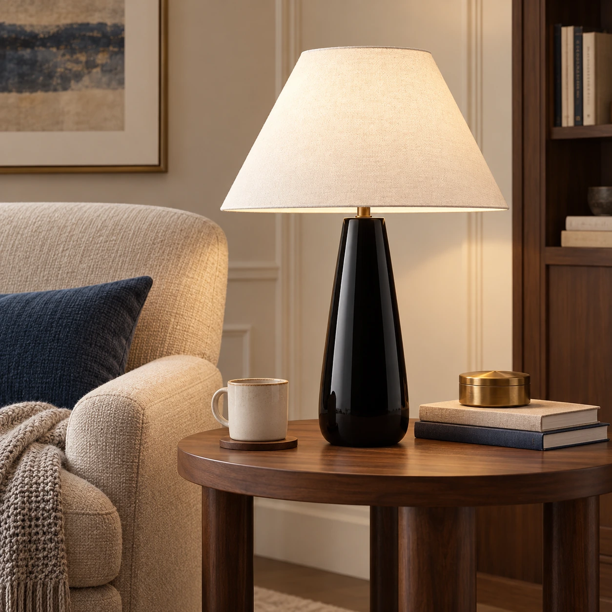 Alden glossy black ceramic-base lamp in a reading corner