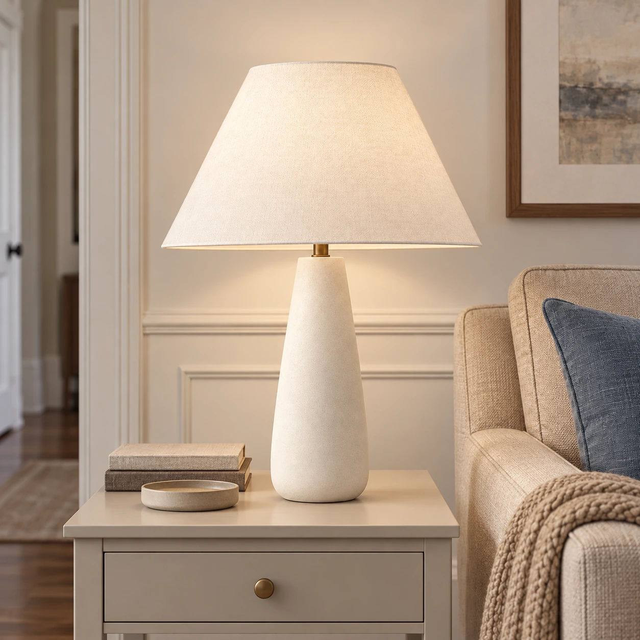 Alden table lamp centered in an American modern room
