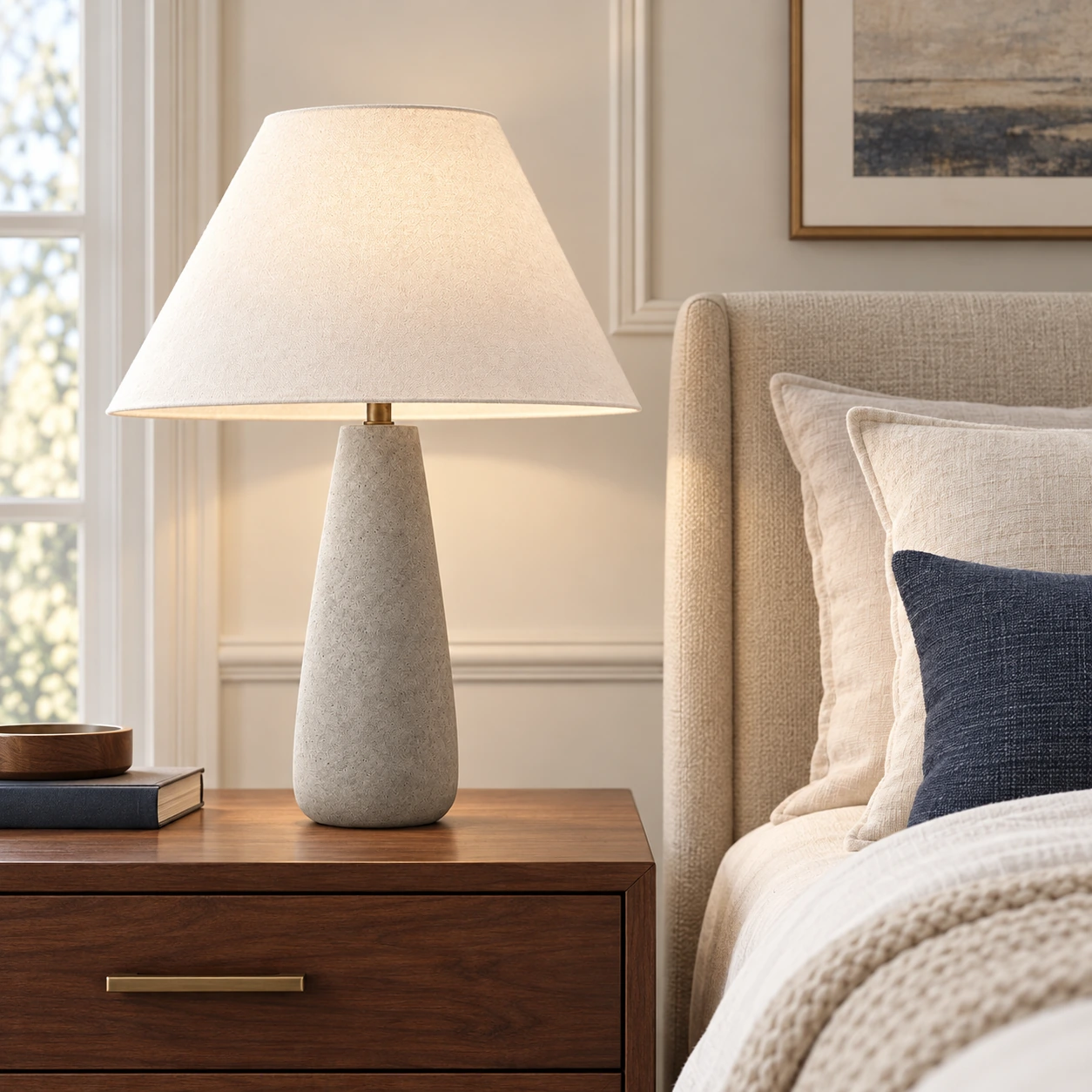 Alden matte grey concrete-base lamp in a bedroom